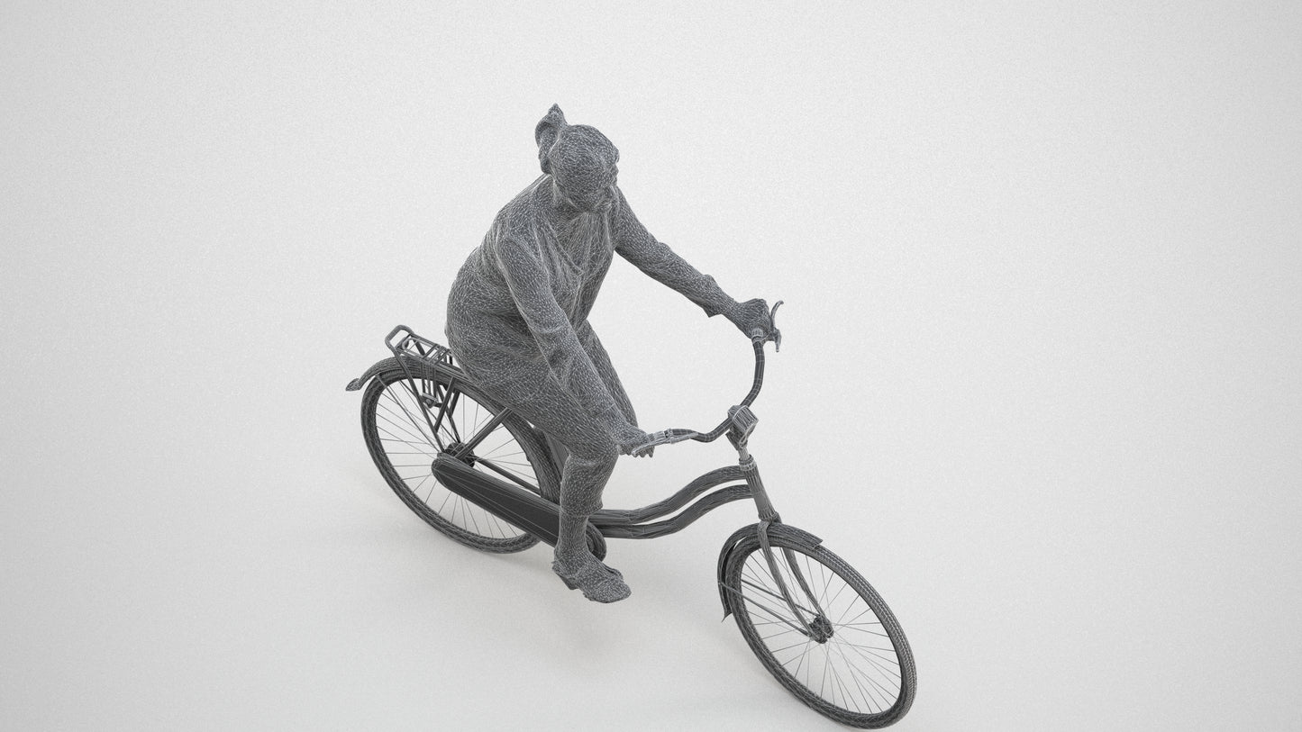 3D scanned woman cycling casual, photorealistic archviz people for Enscape and SketchUp, wireframe three-quarter view
