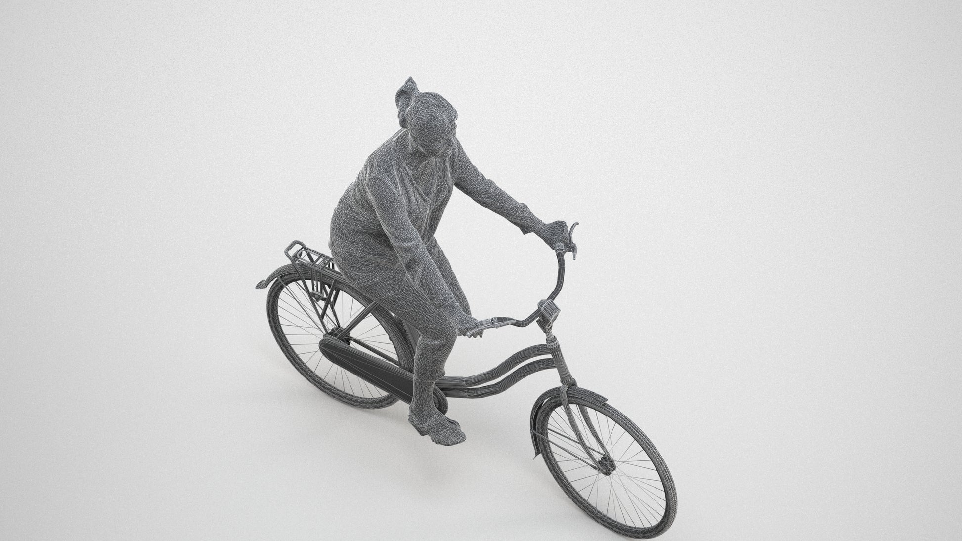 3D scanned woman cycling casual, photorealistic archviz people for Enscape and SketchUp, wireframe three-quarter view