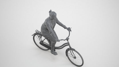 3D scanned woman cycling casual, photorealistic archviz people for Enscape and SketchUp, wireframe three-quarter view