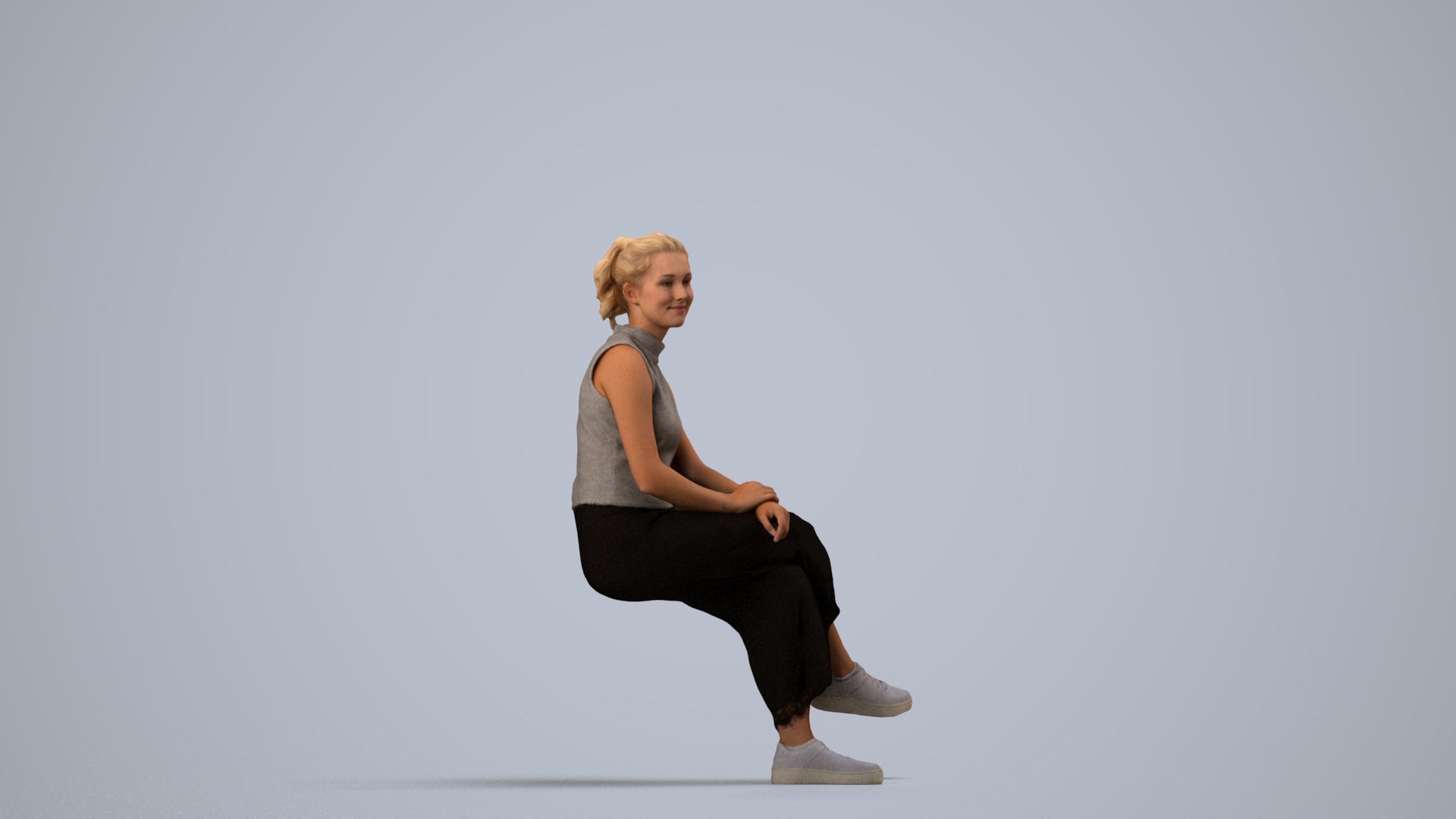 realistic 3D woman casual sitting, scanned archviz people for Blender and 3ds Max, side view render