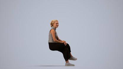 realistic 3D woman casual sitting, scanned archviz people for Blender and 3ds Max, side view render