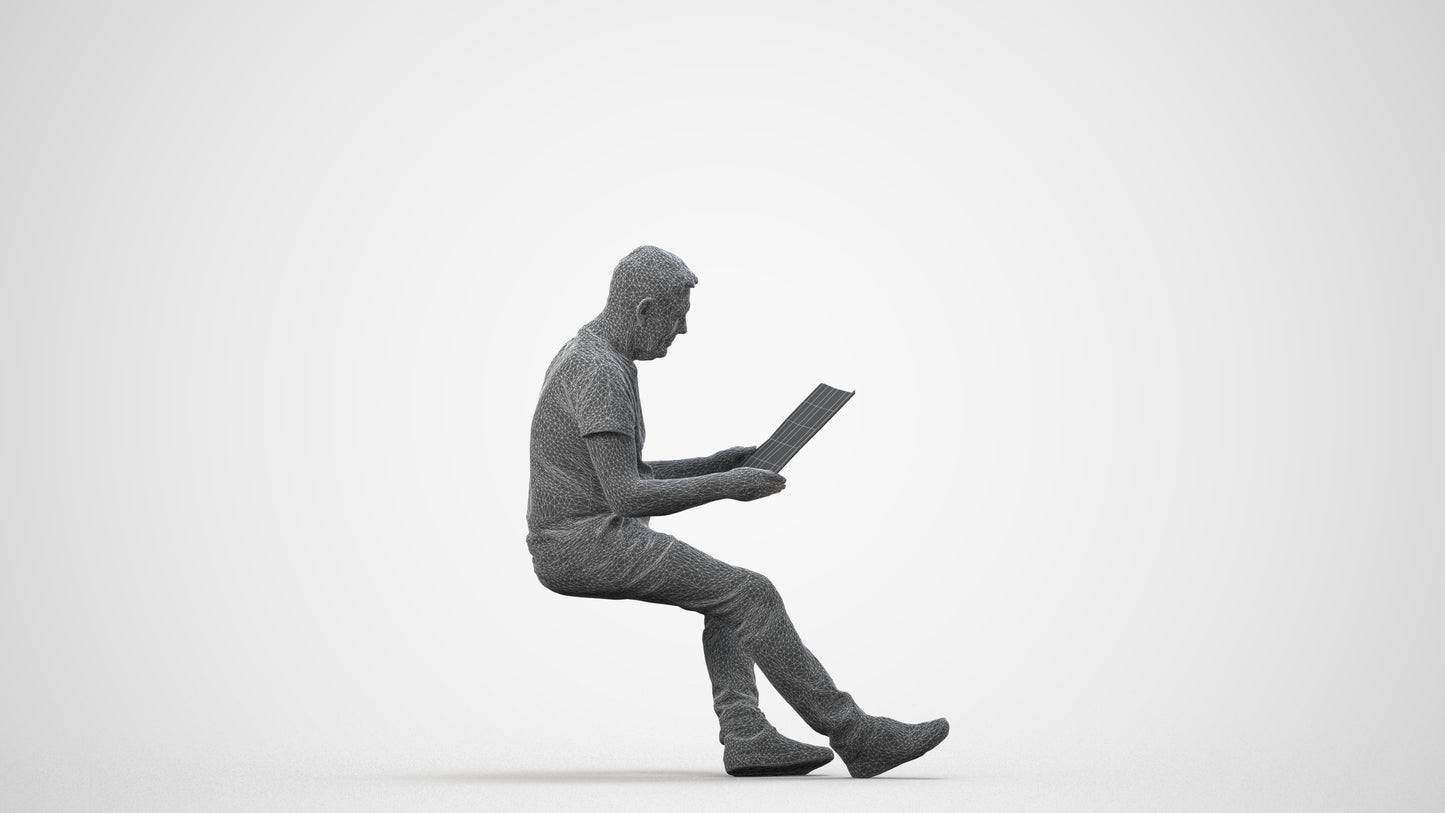 realistic 3D people senior man casual sitting, render-ready for V-Ray and Corona, FBX OBJ, wireframe side view