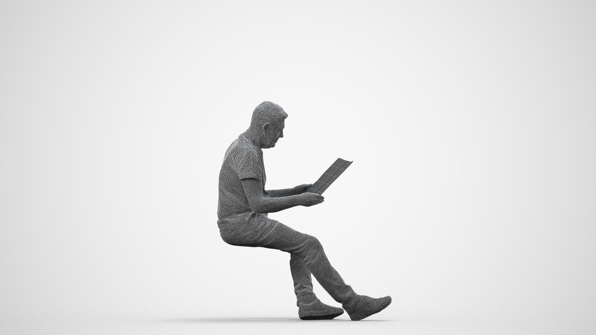 realistic 3D people senior man casual sitting, render-ready for V-Ray and Corona, FBX OBJ, wireframe side view