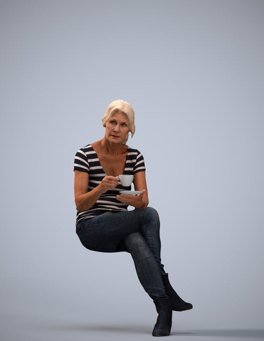 3D scanned senior woman sitting casual, photorealistic archviz people for Enscape and SketchUp