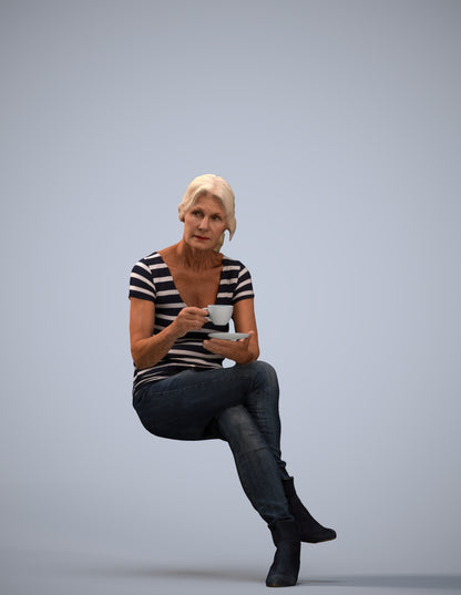 3D scanned senior woman sitting casual, photorealistic archviz people for Enscape and SketchUp