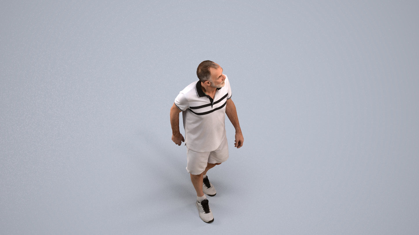3D human model senior man sport, photogrammetry scanned person for archviz, back view render