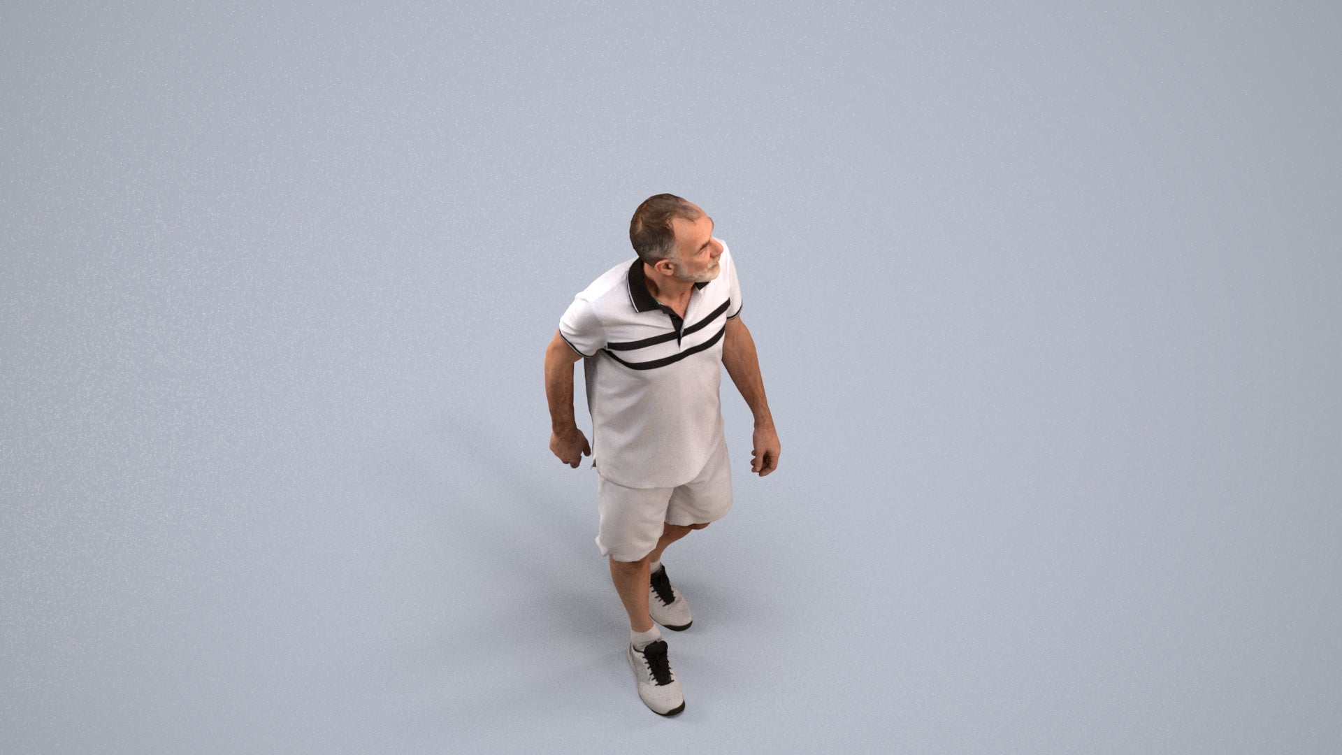 3D human model senior man sport, photogrammetry scanned person for archviz, back view render