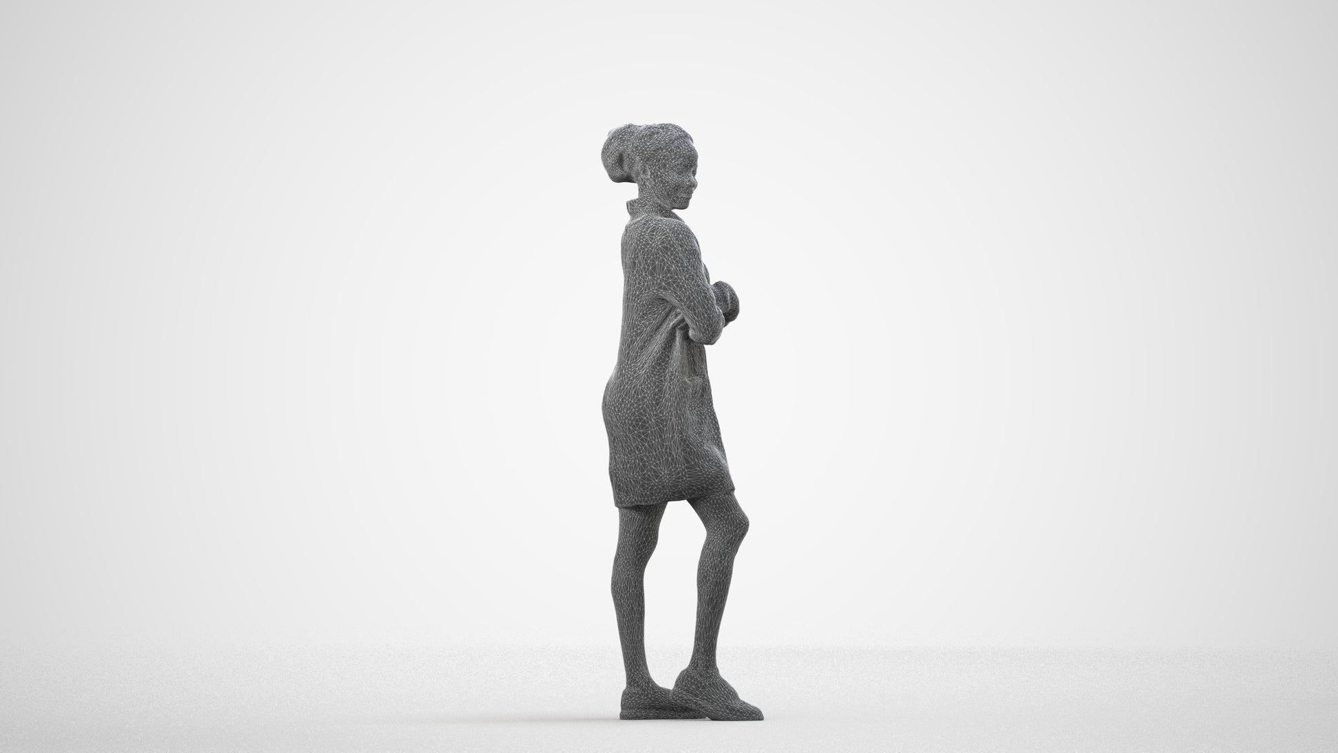 3D people model woman casual standing, scanned human for 3ds Max rendering, wireframe side view