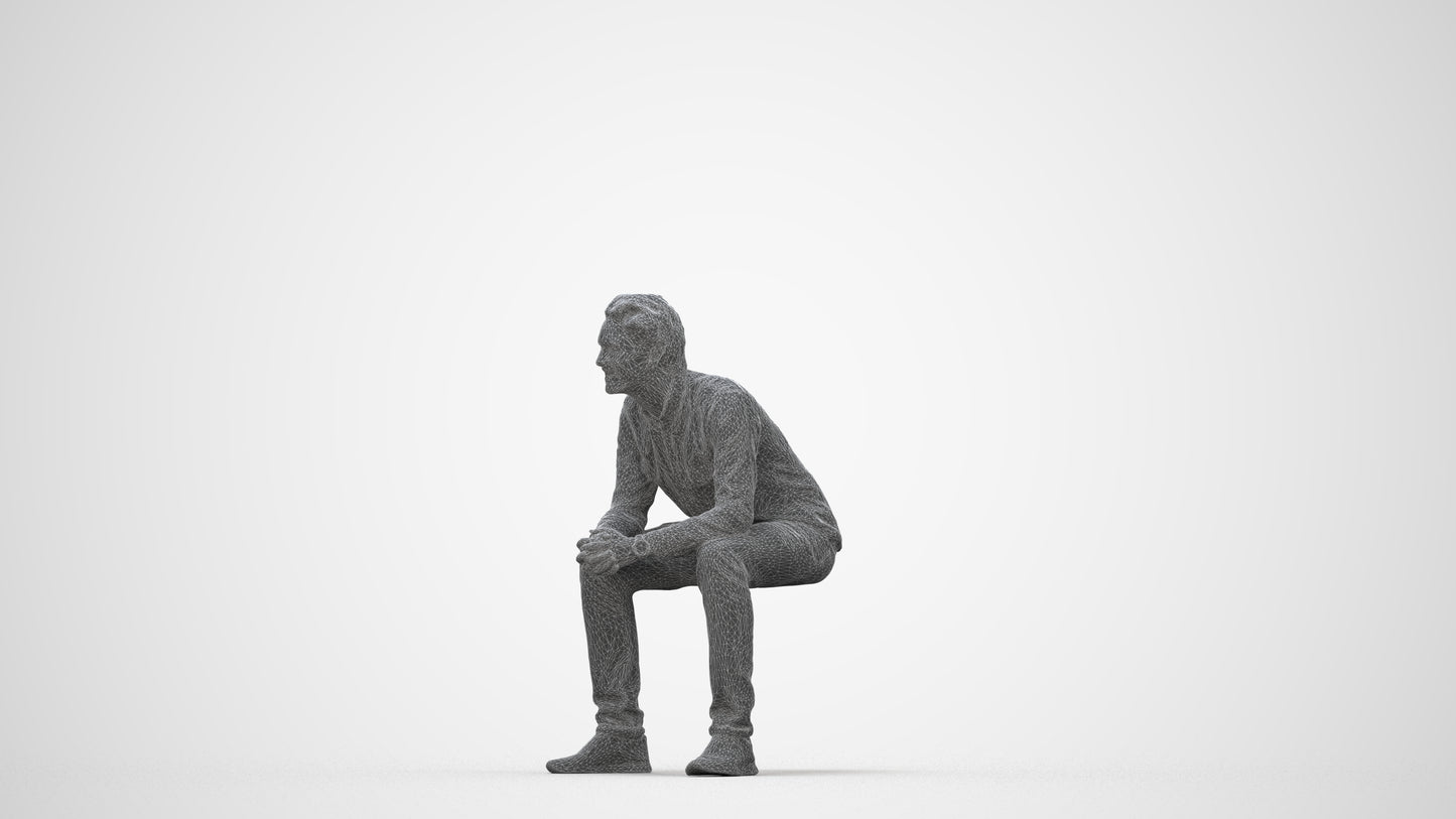 photogrammetry 3D man casual sitting, realistic human model archviz FBX, wireframe back view