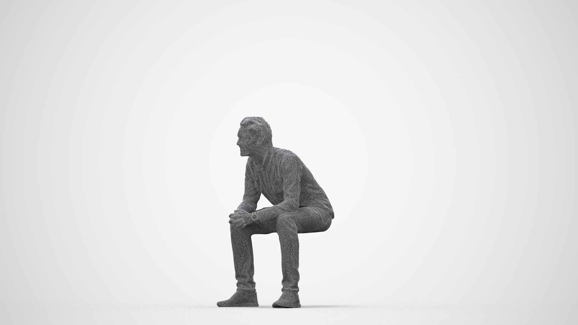 photogrammetry 3D man casual sitting, realistic human model archviz FBX, wireframe back view