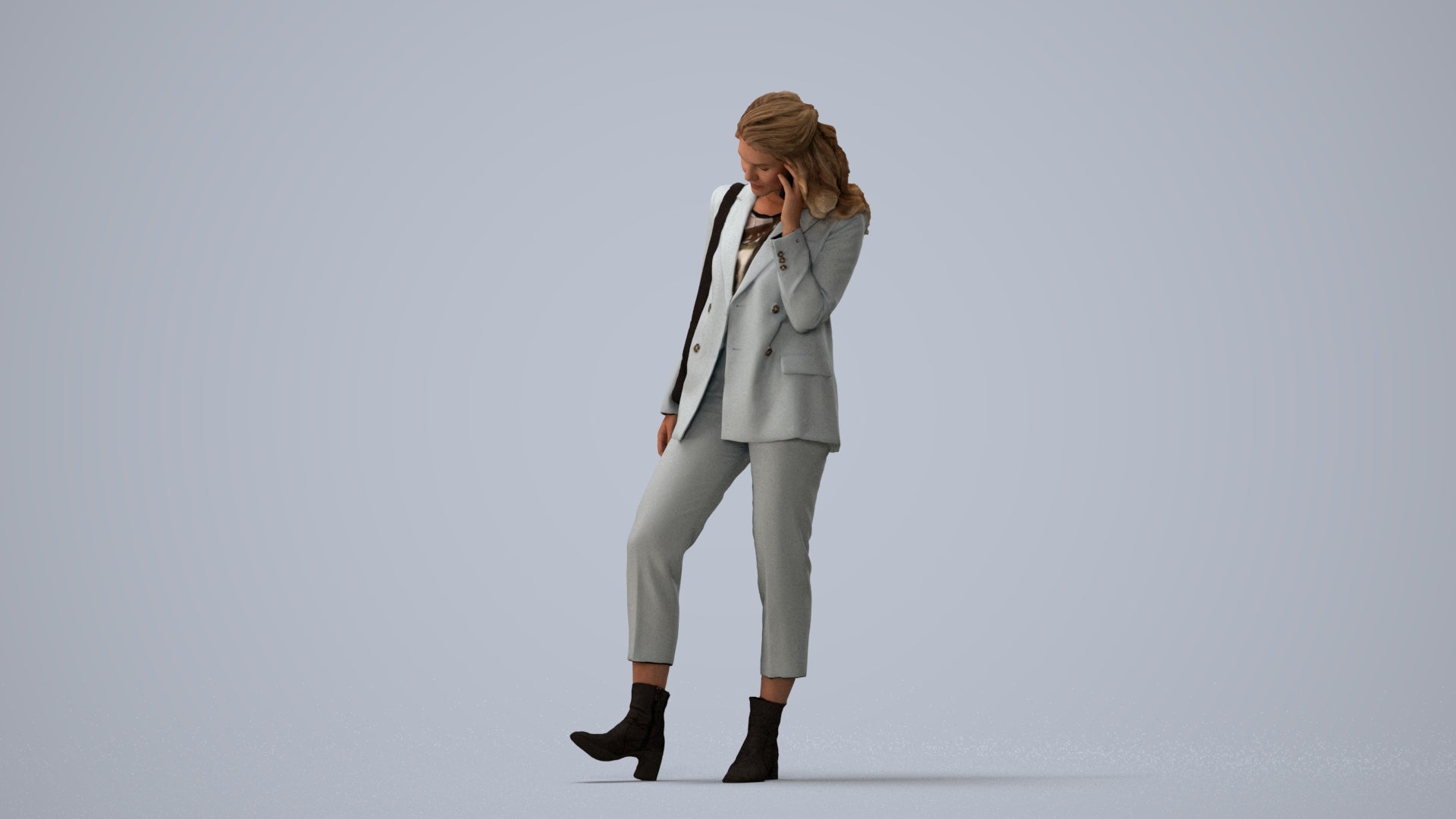 photogrammetry 3D woman business walking, realistic human model archviz FBX, three-quarter view render