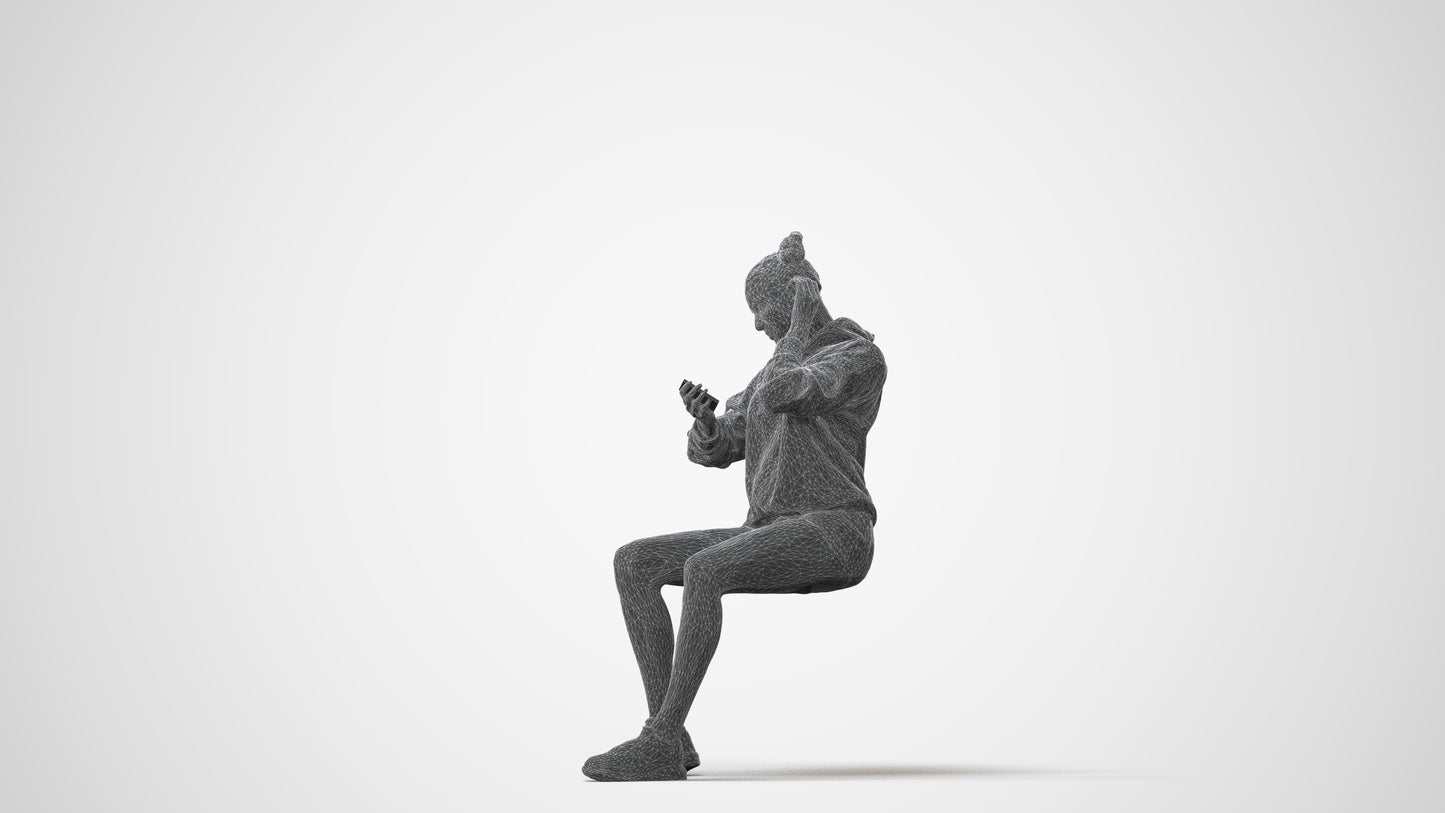 realistic 3D human woman casual sitting, archviz people FBX OBJ for Blender, square thumbnail