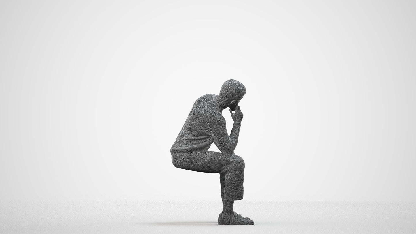 3D scanned man sitting casual, photorealistic archviz people for Enscape and SketchUp, wireframe side view