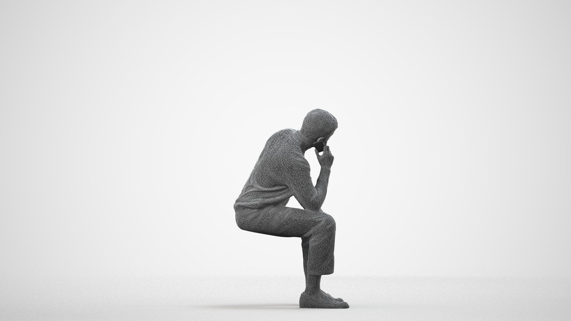 3D scanned man sitting casual, photorealistic archviz people for Enscape and SketchUp, wireframe side view