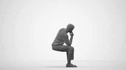 3D scanned man sitting casual, photorealistic archviz people for Enscape and SketchUp, wireframe side view