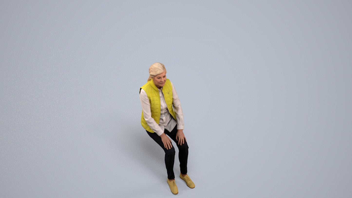 3D people model senior woman casual sitting, scanned human for 3ds Max rendering, back view render