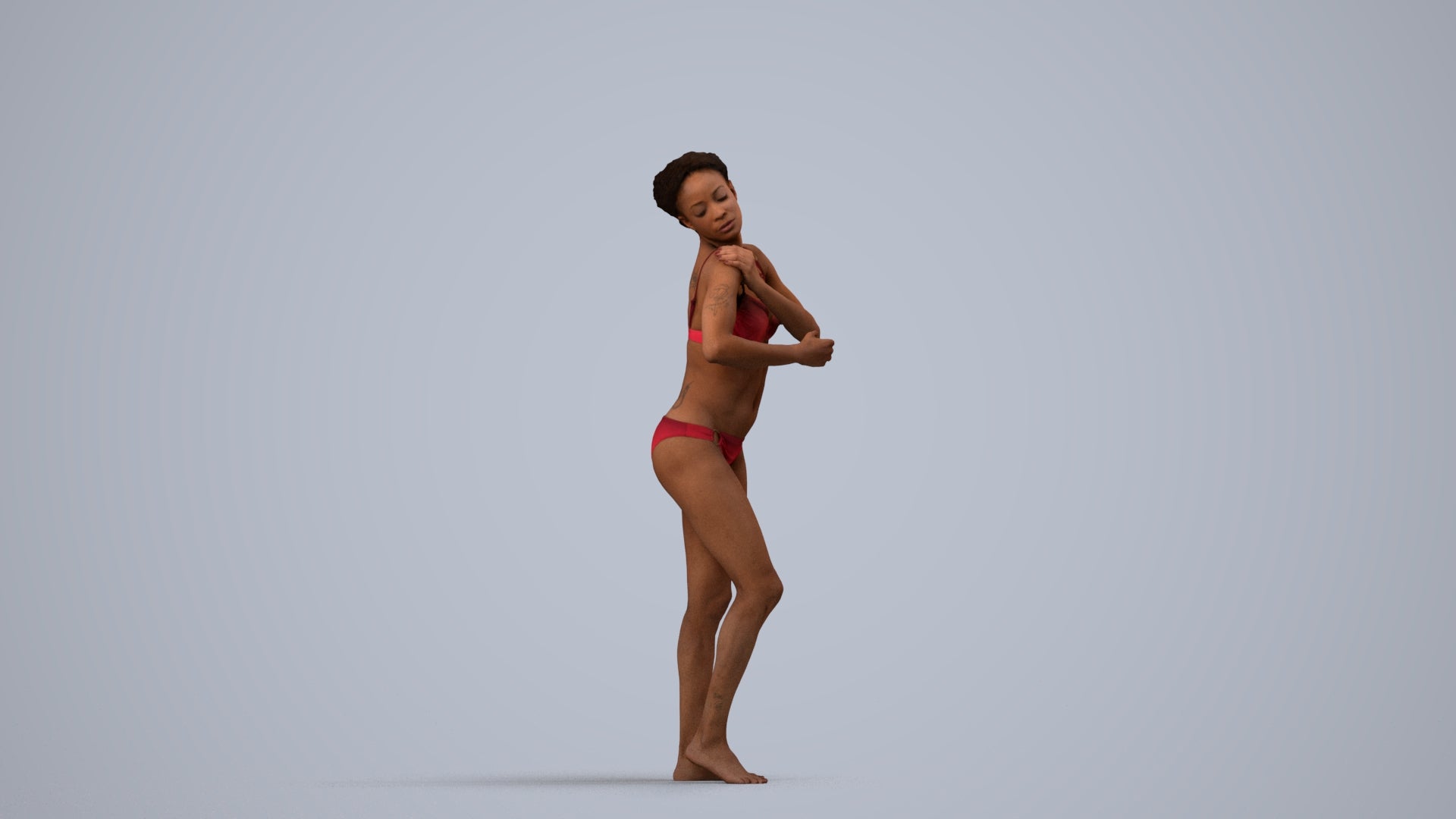 realistic 3D human woman pool, archviz people FBX OBJ for Blender, side view render