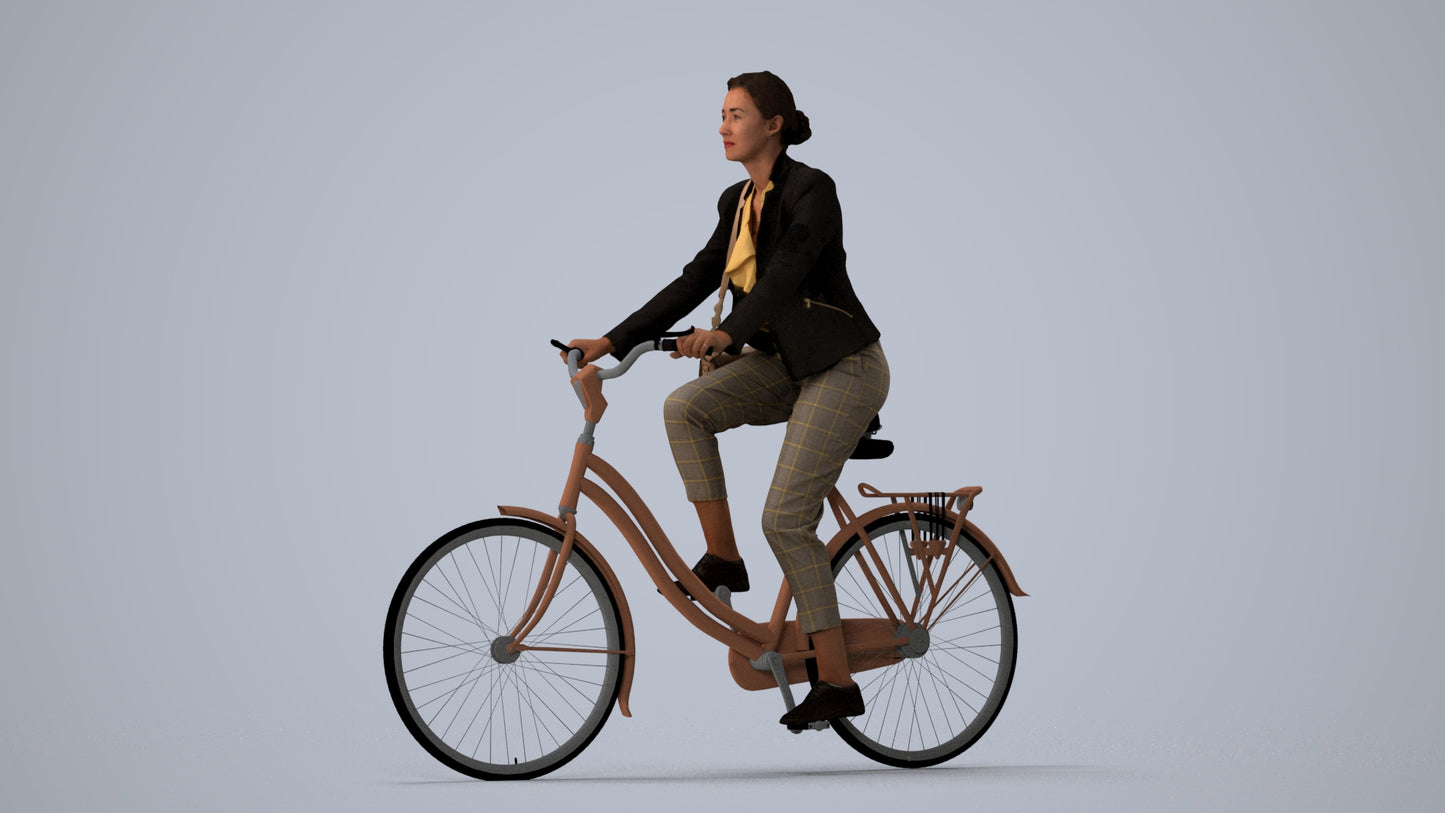 realistic 3D woman business cycling, scanned archviz people for Blender and 3ds Max, three-quarter view render