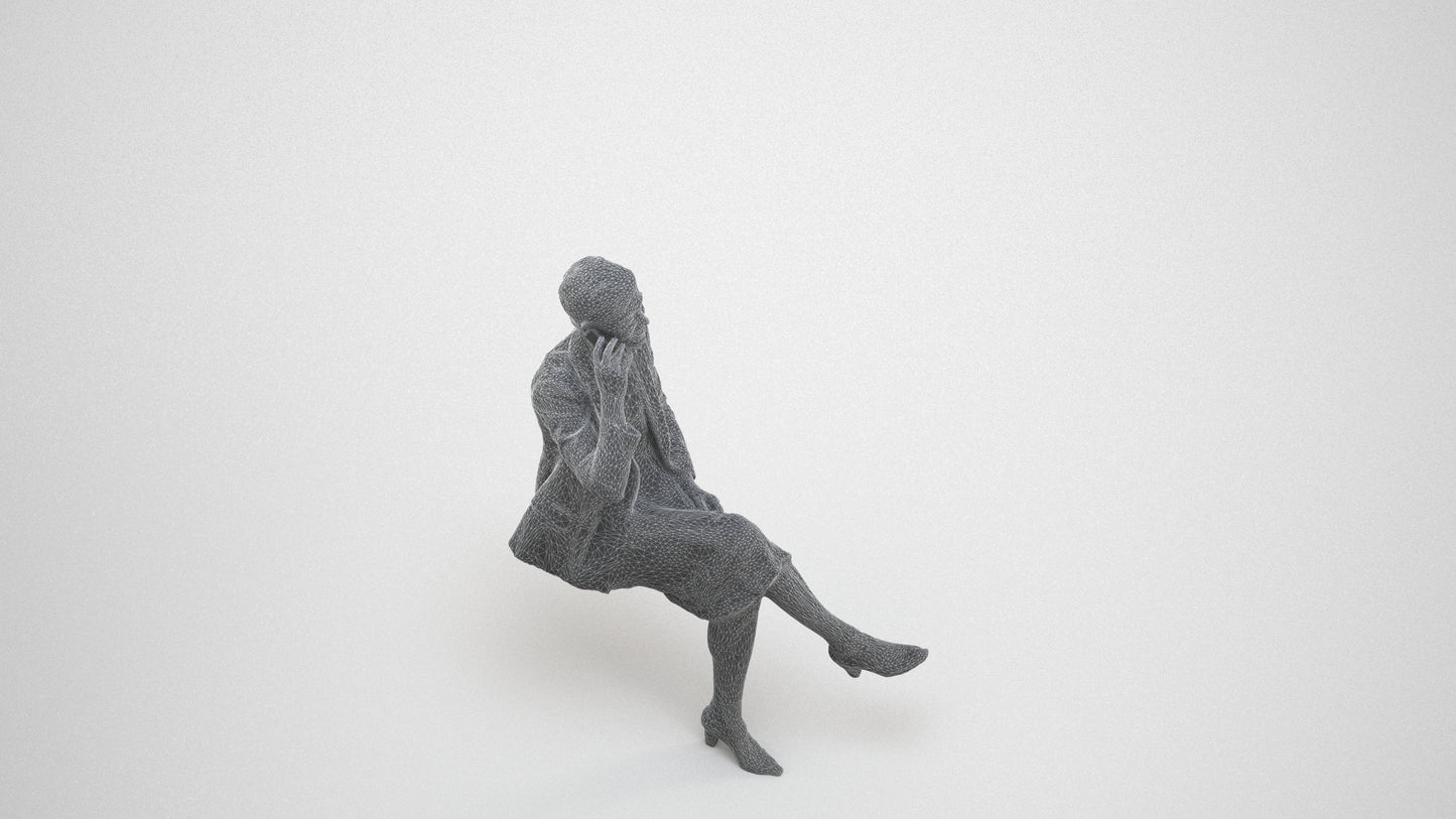 3D human model woman business sitting, photogrammetry scanned person for archviz, wireframe three-quarter view