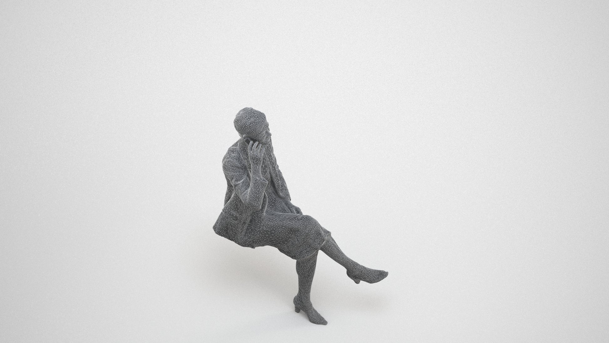 3D human model woman business sitting, photogrammetry scanned person for archviz, wireframe three-quarter view