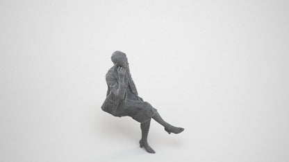 3D human model woman business sitting, photogrammetry scanned person for archviz, wireframe three-quarter view