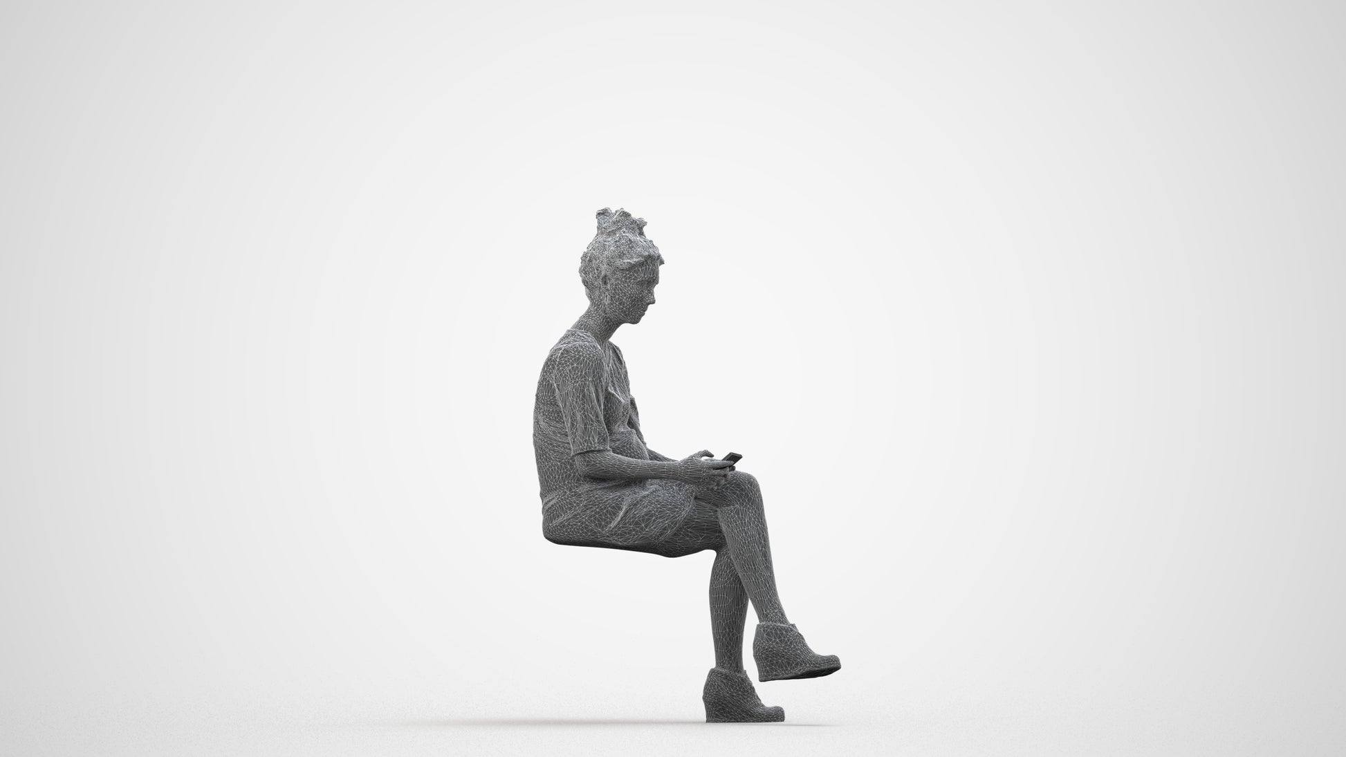 photogrammetry 3D woman casual sitting, realistic human model archviz FBX, wireframe side view