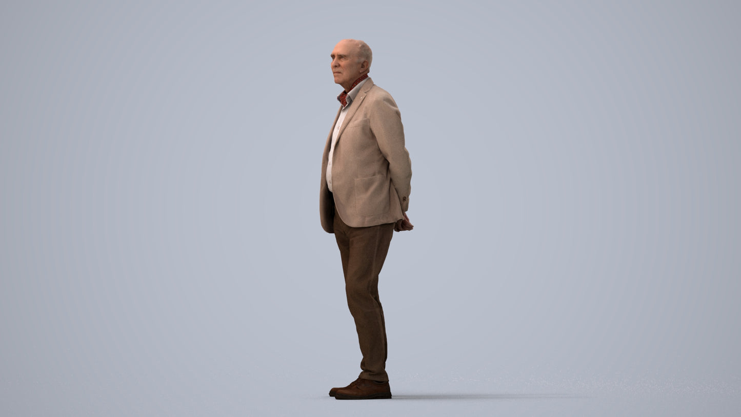 realistic 3D human senior man business standing, archviz people FBX OBJ for Blender, three-quarter view render