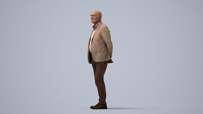 realistic 3D human senior man business standing, archviz people FBX OBJ for Blender, three-quarter view render