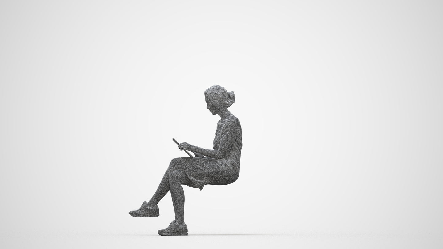 3D people model woman casual sitting, scanned human for 3ds Max rendering, wireframe back view