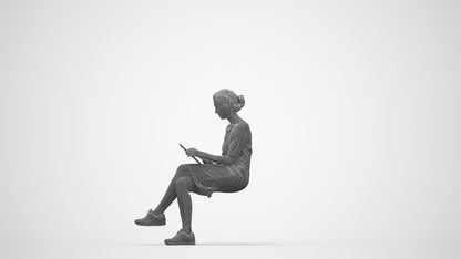 3D people model woman casual sitting, scanned human for 3ds Max rendering, wireframe back view