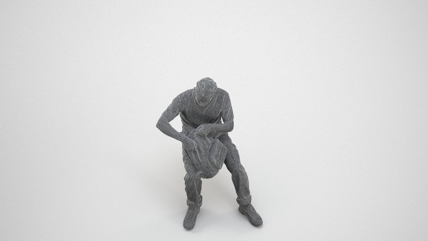 3D human model man casual sitting, photogrammetry scanned person for archviz, wireframe three-quarter view