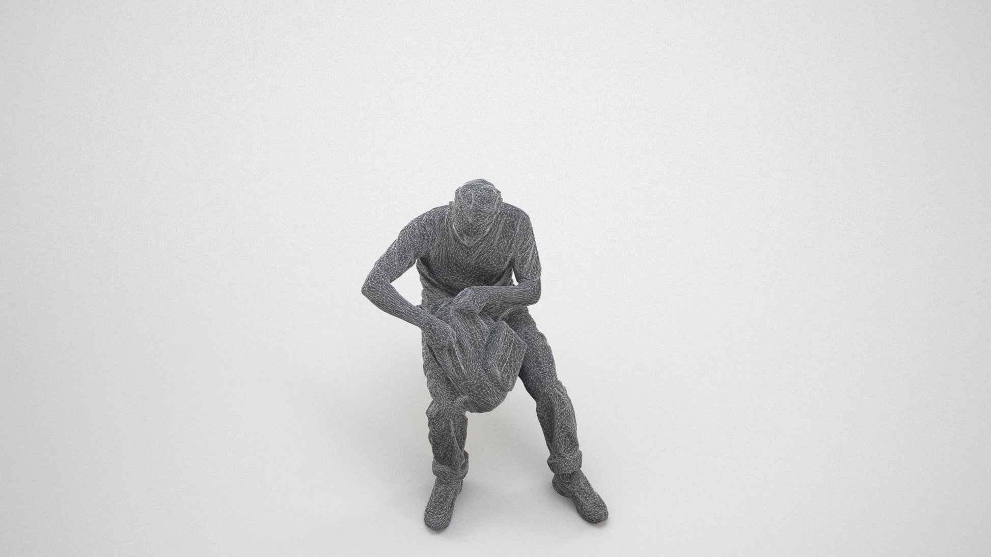 3D human model man casual sitting, photogrammetry scanned person for archviz, wireframe three-quarter view