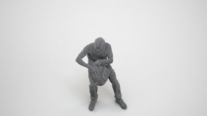 3D human model man casual sitting, photogrammetry scanned person for archviz, wireframe three-quarter view