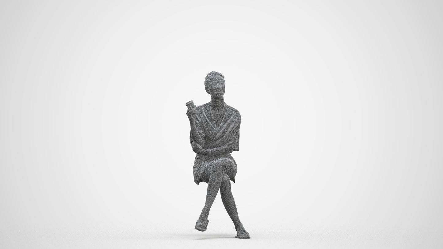 3D people model woman casual sitting, scanned human for 3ds Max rendering, three-quarter front view render
