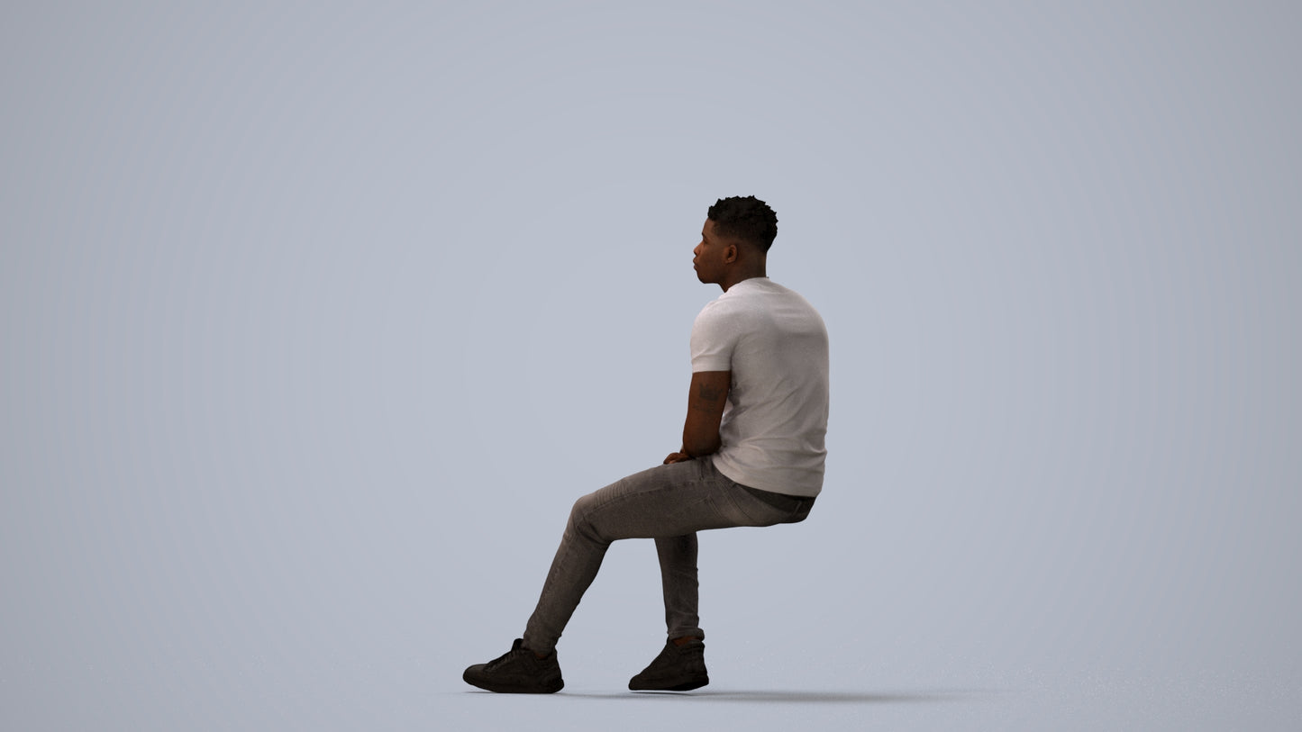 3D scanned man sitting casual, photorealistic archviz people for Enscape and SketchUp, three-quarter view render