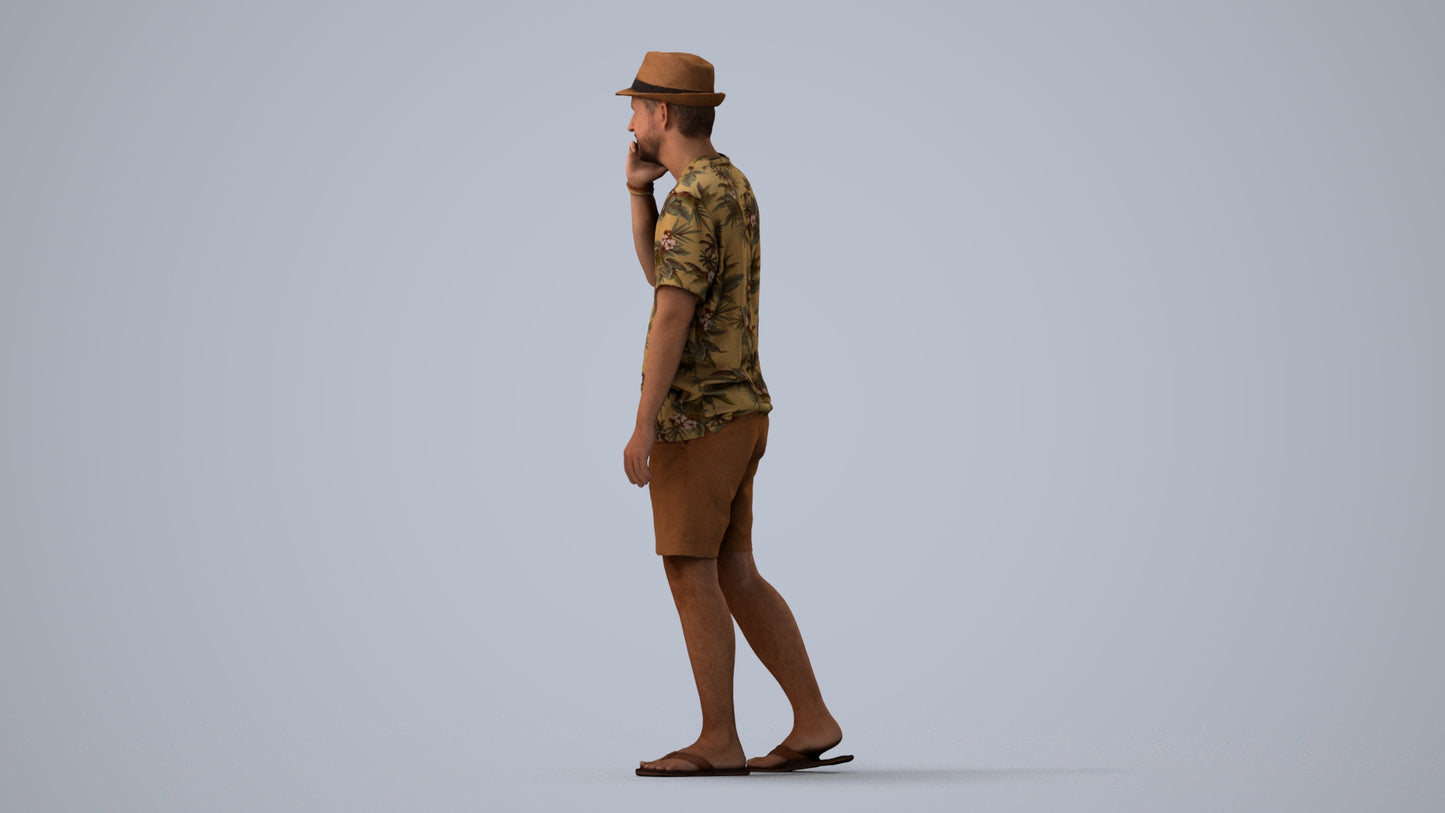 3D human model man walking, photogrammetry scanned person for archviz, three-quarter view render