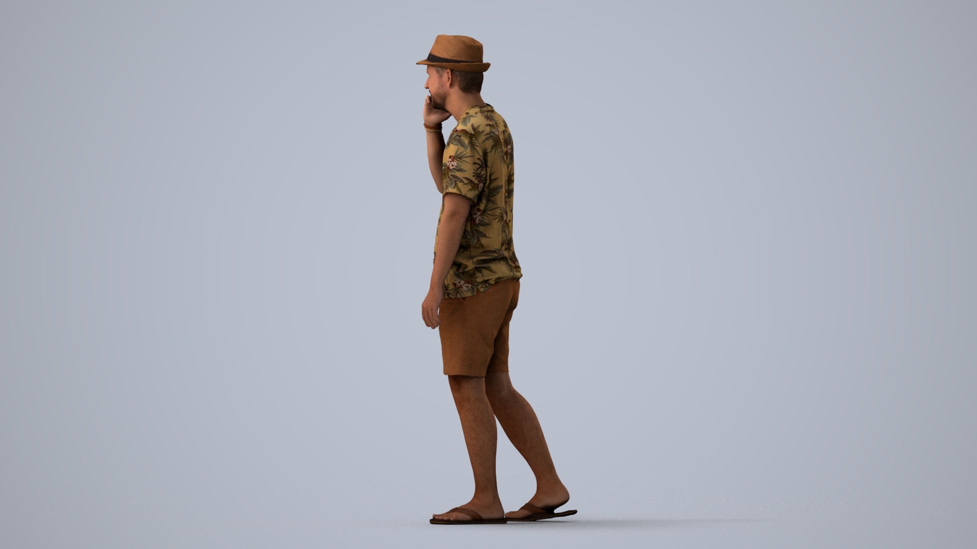 3D human model man walking, photogrammetry scanned person for archviz, three-quarter view render