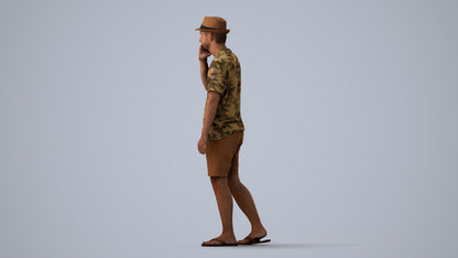 3D human model man walking, photogrammetry scanned person for archviz, three-quarter view render