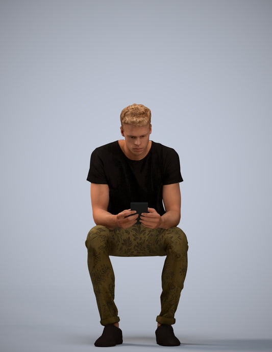 3D scanned man sitting casual, photorealistic archviz people for Enscape and SketchUp