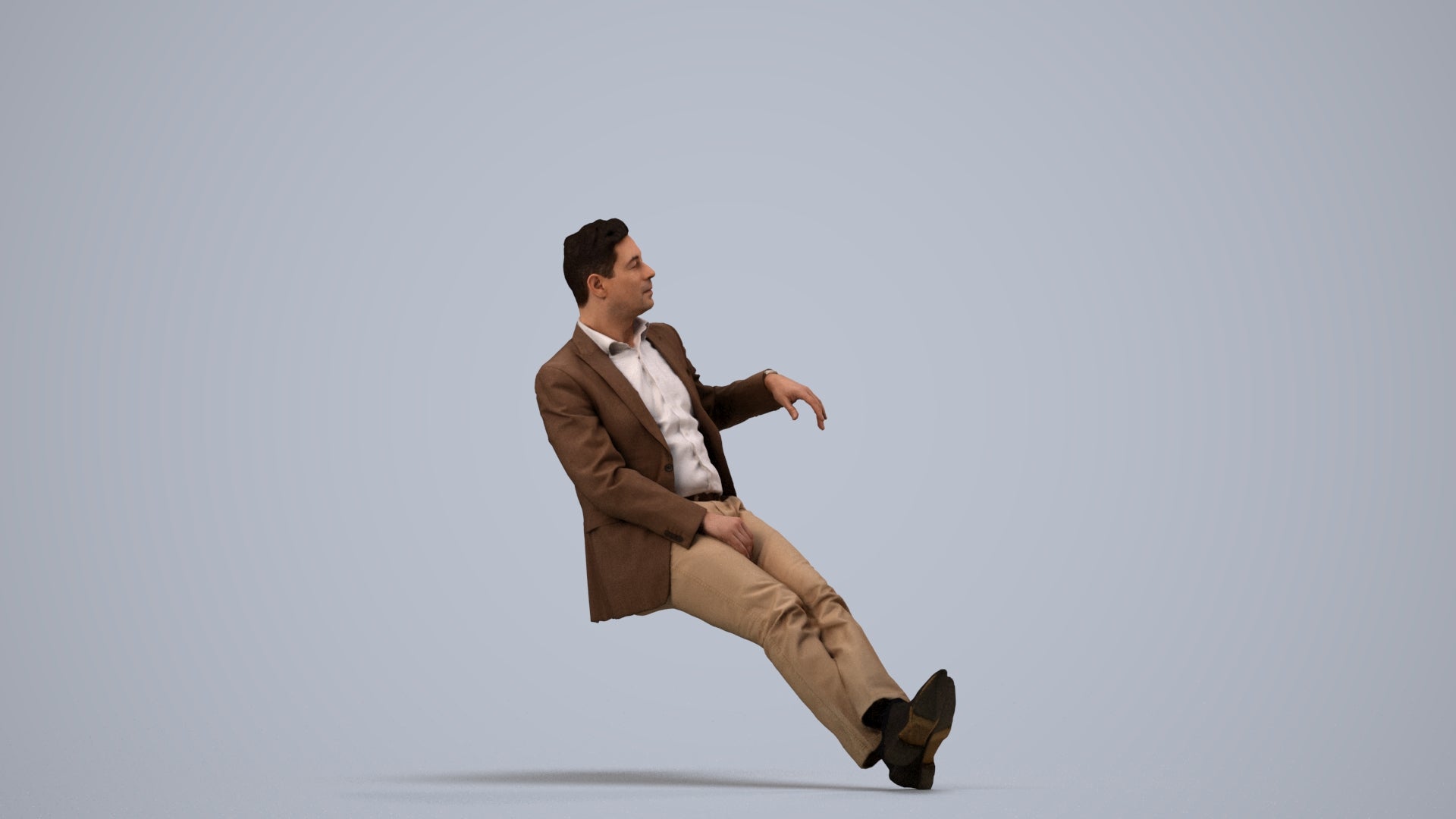 3D human model man business, photogrammetry scanned person for archviz, side view render