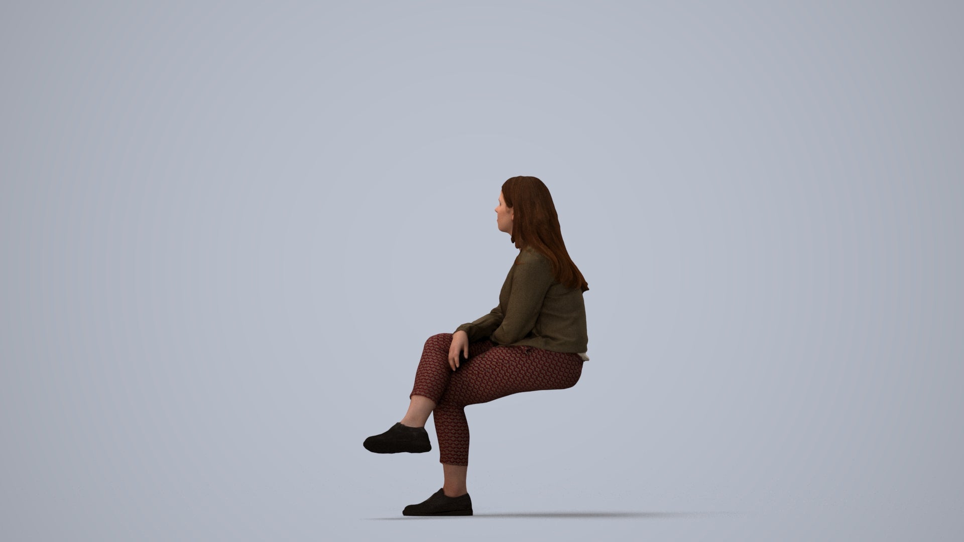 3D human model woman casual sitting, photogrammetry scanned person for archviz, three-quarter view render