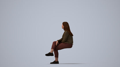 3D human model woman casual sitting, photogrammetry scanned person for archviz, three-quarter view render