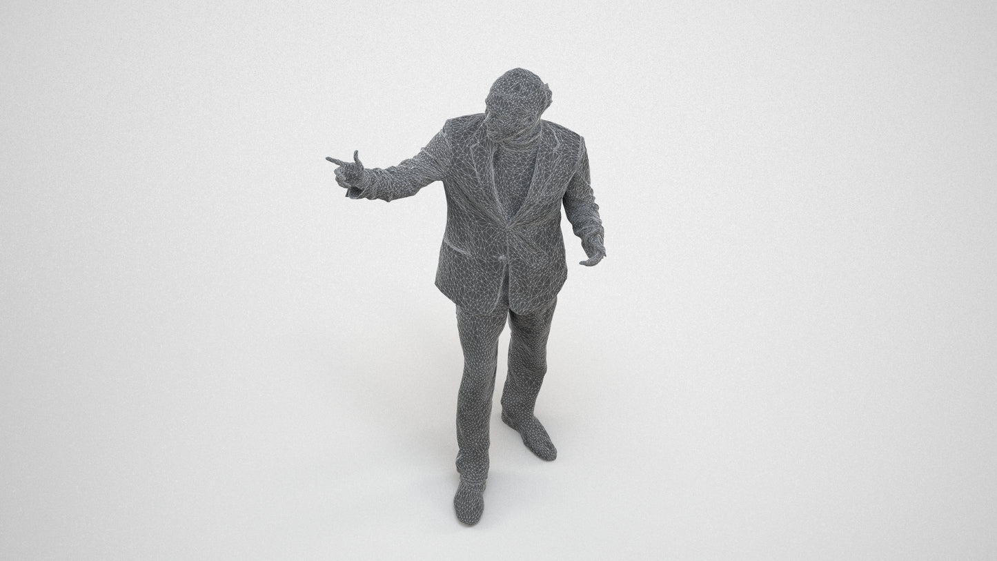 realistic 3D human man business, archviz people FBX OBJ for Blender, wireframe three-quarter view