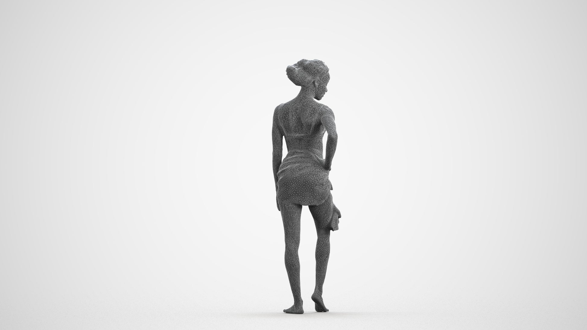3D human model woman pool, photogrammetry scanned person for archviz, wireframe front view