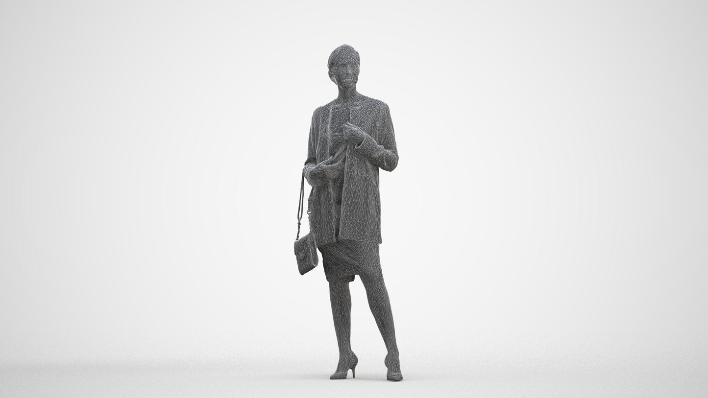 3D scanned woman standing casual, photorealistic archviz people for Enscape and SketchUp, three-quarter front view render