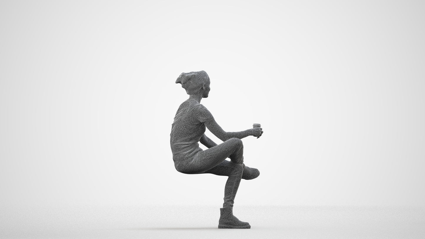 realistic 3D human woman casual sitting, archviz people FBX OBJ for Blender, wireframe side view