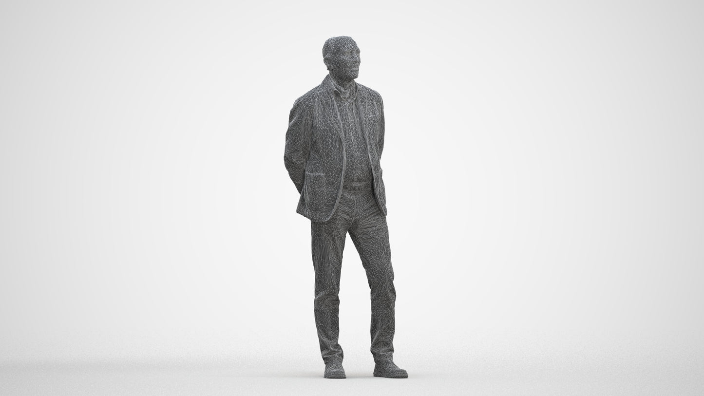 realistic 3D human senior man business standing, archviz people FBX OBJ for Blender, three-quarter front view render