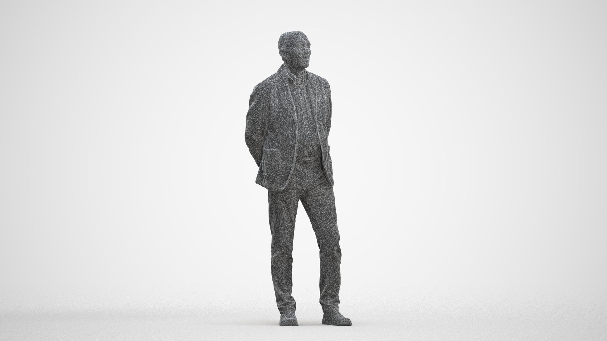 realistic 3D human senior man business standing, archviz people FBX OBJ for Blender, three-quarter front view render