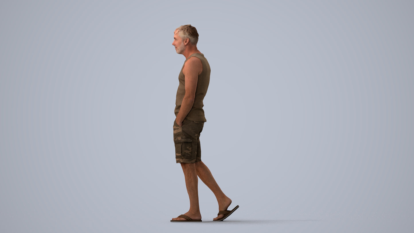 3D human model man casual walking, photogrammetry scanned person for archviz, three-quarter view render