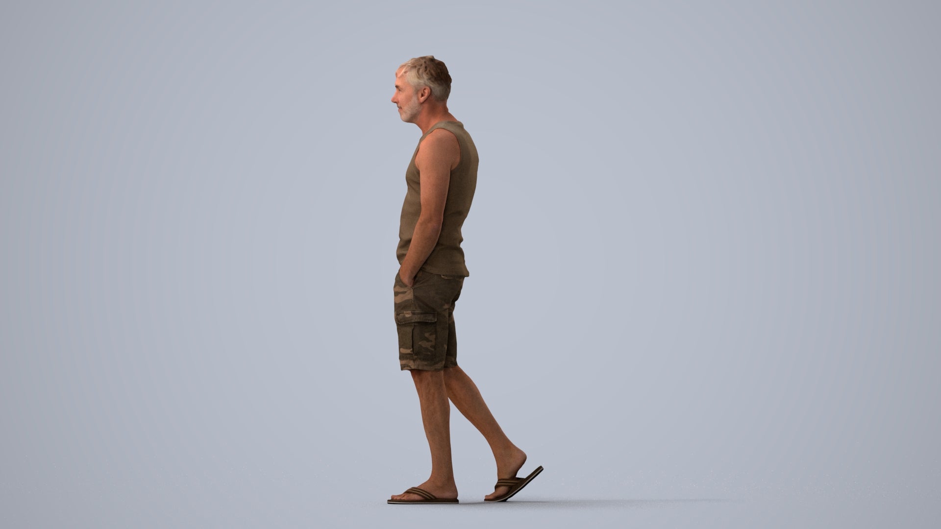 3D human model man casual walking, photogrammetry scanned person for archviz, three-quarter view render
